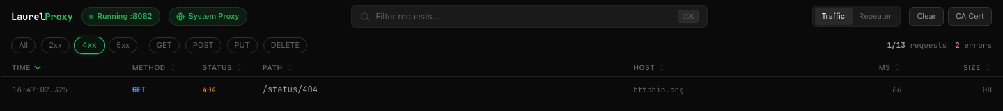 Web UI with 4xx filter active, showing only the 404 request