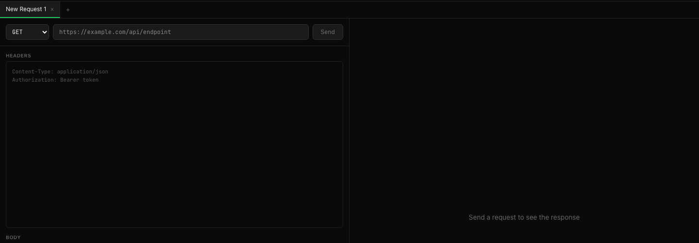 Repeater editor with method selector, URL field, headers, and body editors