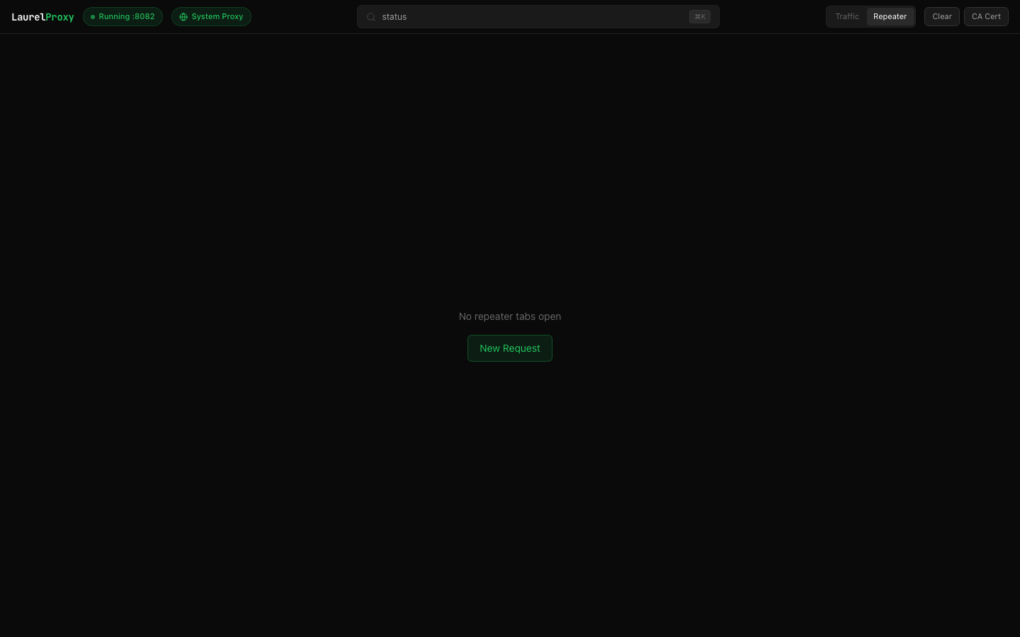 Laurel Proxy Repeater showing a captured request loaded into an editable tab with the replayed response compared against the original