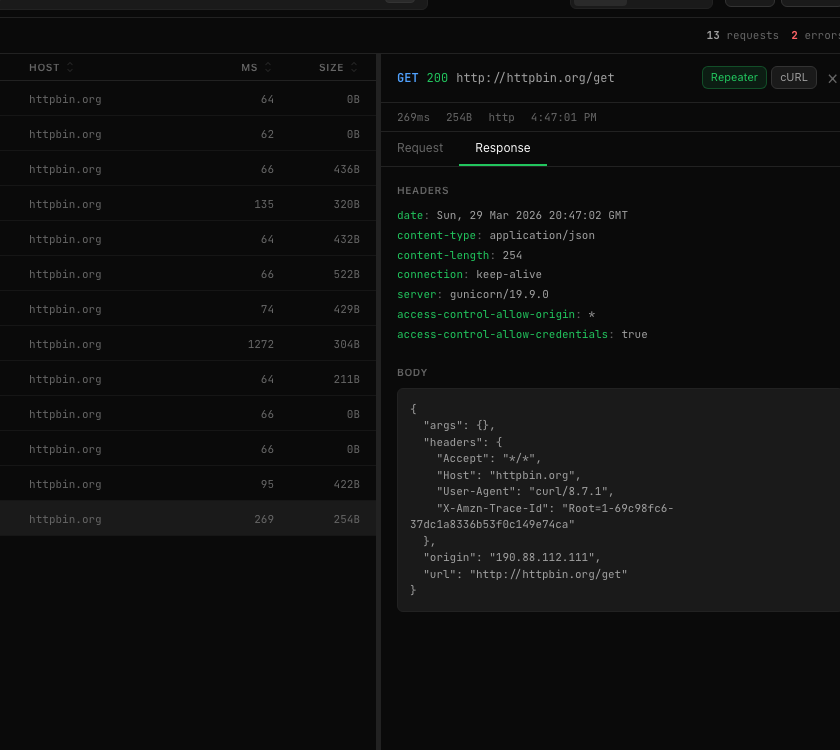 Request detail panel showing response headers and JSON body for a POST request