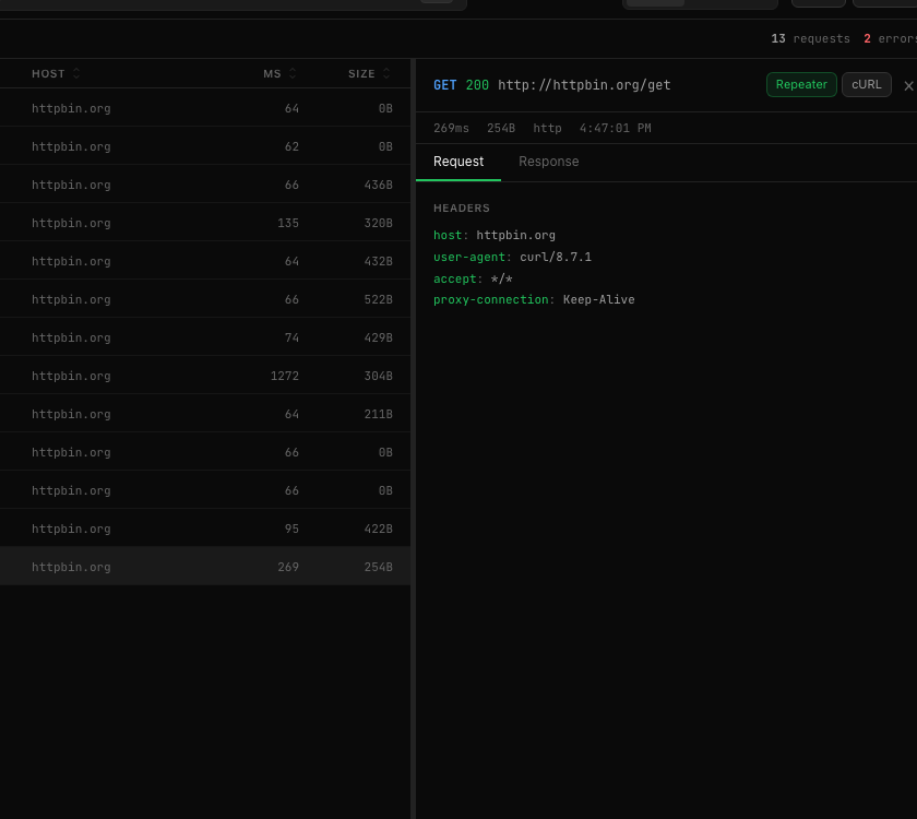 Request tab showing outgoing request headers and body