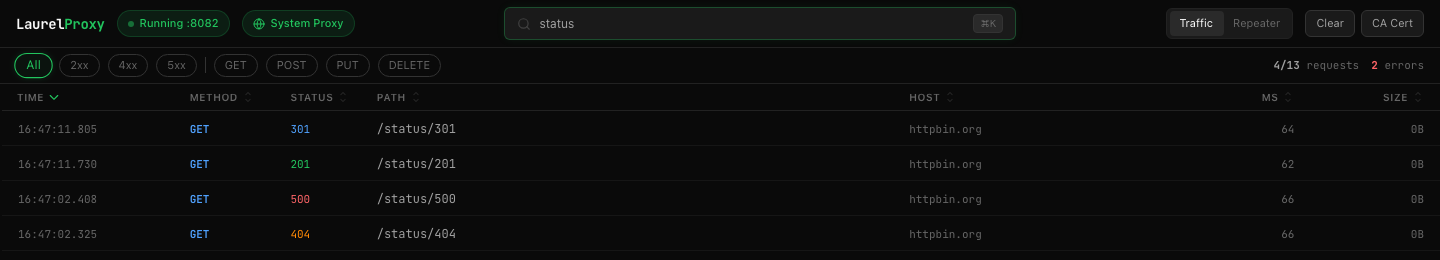 URL search filtering requests containing 'status' in the path